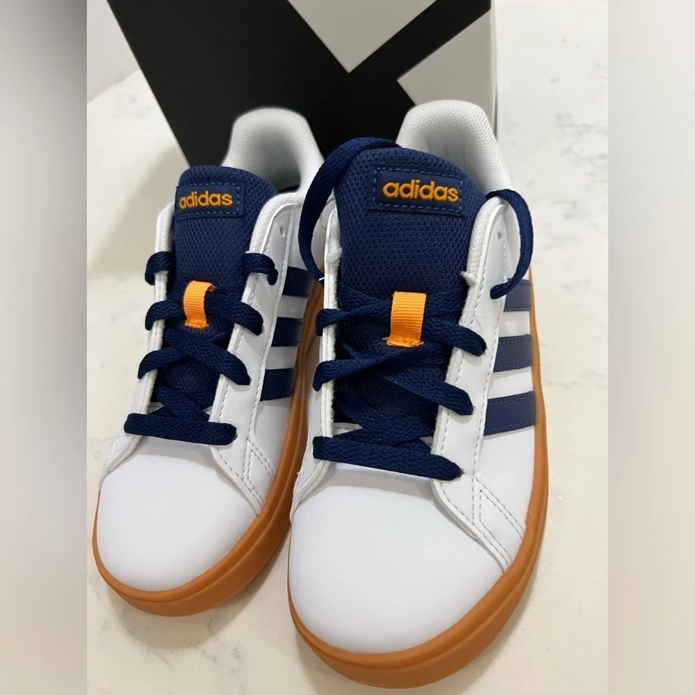 Adidas Kids' White and Navy Sneakers with Orange Accents